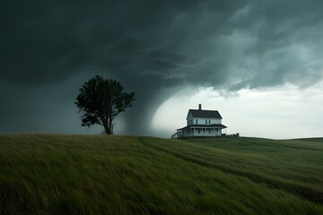 Fototapeta premium A solitary house stands dramatically against dark storm clouds and a looming tornado, highlighting nature's power and isolation.