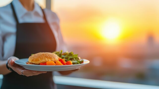 Fast food drive-thru service at sunset, customer ordering meal, efficient and convenient outdoor dining experience