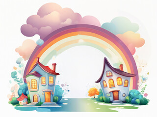 Generated illustration of vibrant colorful isolated cartoon houses with rainbow.