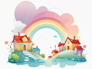 Generated illustration of vibrant colorful isolated cartoon houses with rainbow.