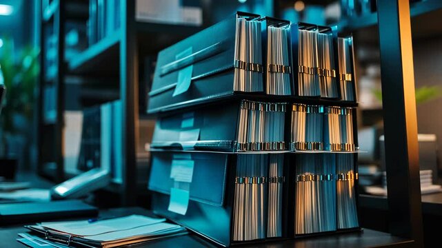 A stack of blue binders sits on a desk in a dimly lit office