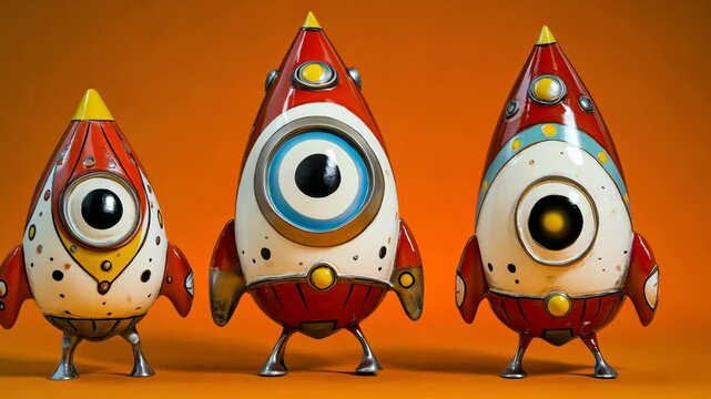 Three small, colorful rocket toys stand in a row on an orange background