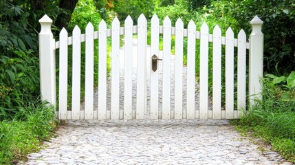 Charming White Picket Gate in Lush Green Garden