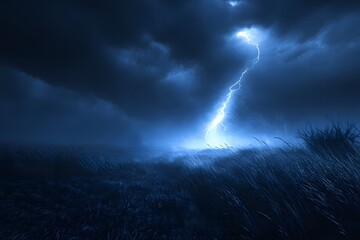 A dramatic night scene featuring a bright lightning bolt cutting through dark, stormy clouds over a misty landscape.