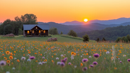 Tiny house in a meadow, axe mid-swing, splitting firewood with warm sunset