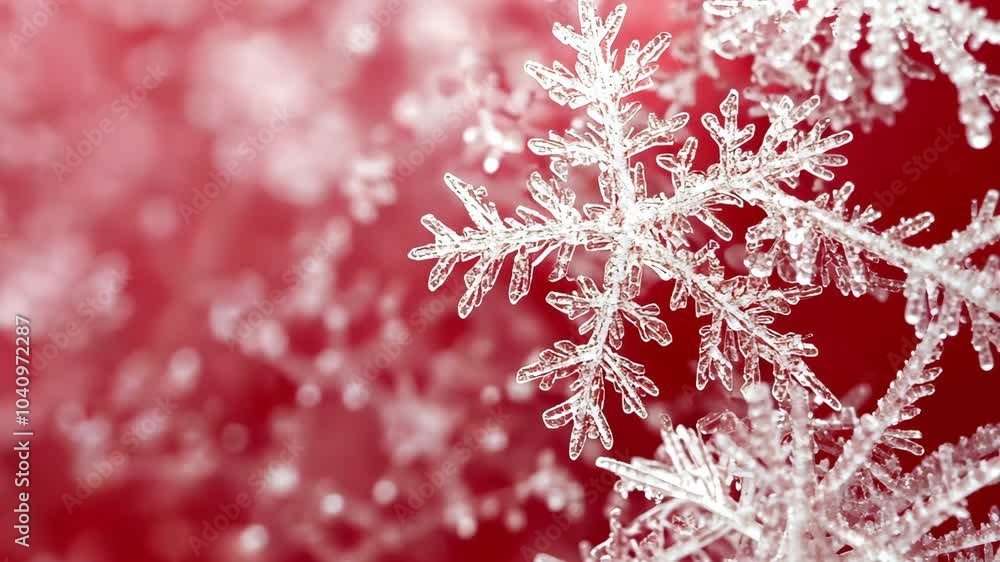 Poster a close-up of a delicate snowflake, showcasing its intricate design against a red background