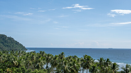 Aerial view of the open sea with coconut trees and a bright blue sky in Mentawai, Indonesia. A tropical paradise perfect for travel enthusiasts, capturing the beauty of Asia’s coastal landscapes.