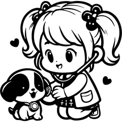 Naklejka premium Little girl plays patient and doctor with her puppy in monochrome. Simple minimalistic vector in black ink drawing on transparent background