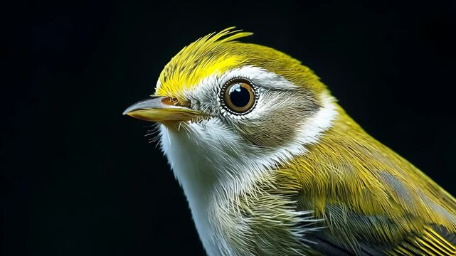 A golden-crowned kinglet, a small songbird, perches against a dark background with its head tilted and its eye focused