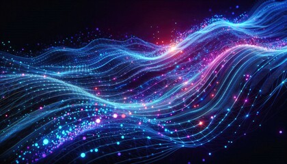 Hyper-Realistic Digital Data Stream Artwork: Futuristic Neon Design Featuring Dynamic Flowing Waves, Interconnected Lines, Glowing Nodes, and Motion Blur in a Dark, High-Tech Setting