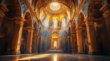 Obraz premium Majestic interior of a grand cathedral with golden light.