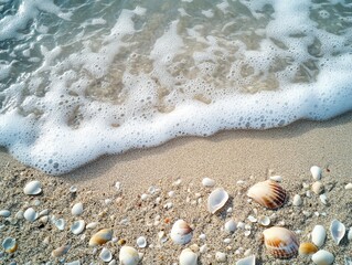 Fototapeta na wymiar A serene beach scene featuring soft waves lapping against the shore, scattered seashells, and fine sand for a tranquil coastal atmosphere.