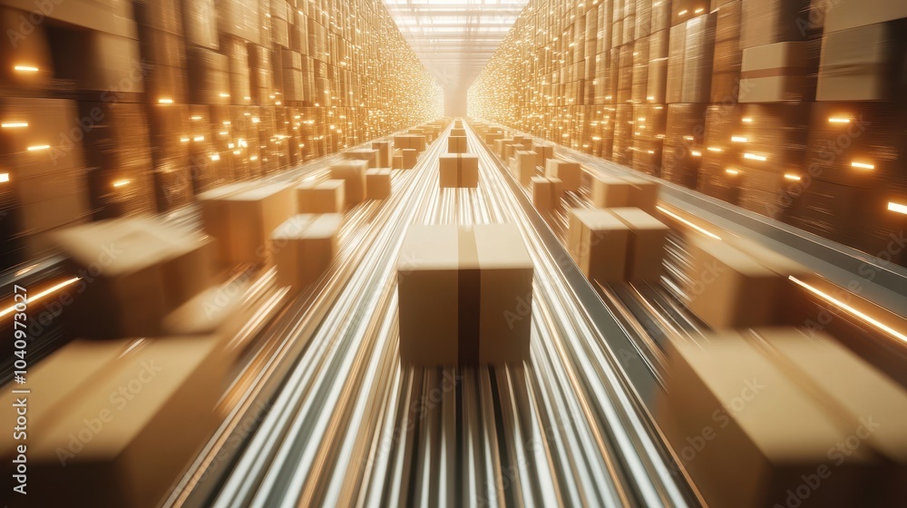 Poster a modern warehouse scene with boxes moving along a conveyor belt, illuminated by warm lights, creati