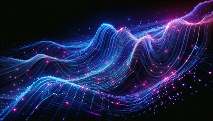 Hyper-Realistic Digital Data Stream Artwork: Futuristic Neon Design Featuring Dynamic Flowing Waves, Interconnected Lines, Glowing Nodes, and Motion Blur in a Dark, High-Tech Setting