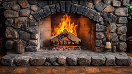 Cozy stone fireplace with a roaring fire and wooden logs.