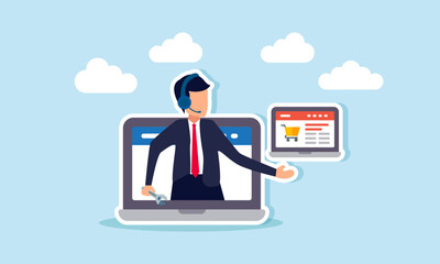 A businessman acting as customer service is on a laptop, showing a marketplace website, illustration of evaluation and maintenance of the marketplace website