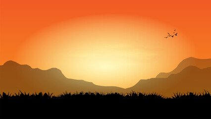 graphics drawing landscape view outdoor of sunset with grass on the ground for wallpaper background vector illustration