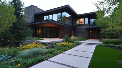 Sustainable modern home showcasing striking texture contrast between natural wood and sleek metallic elements.