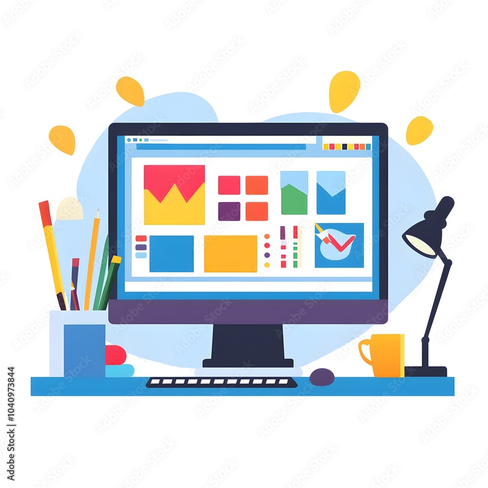 Poster modern desktop workplace with computer and colorful charts