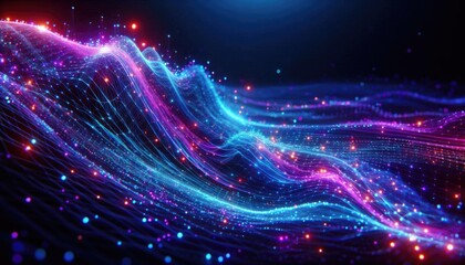 Hyper-Realistic Digital Data Stream Artwork: Futuristic Neon Design Featuring Dynamic Flowing Waves, Interconnected Lines, Glowing Nodes, and Motion Blur in a Dark, High-Tech Setting