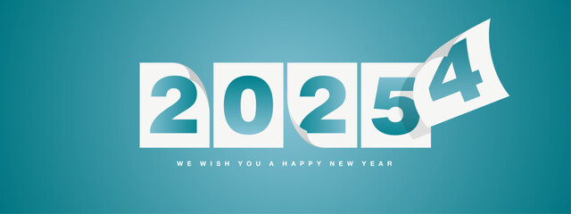 Happy New Year 2025 greeting card design template on sea green turquoise background. New Year 2025 start concept. The wind turns old calendar year and the new year begins