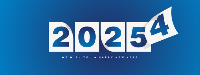 Happy New Year 2025 greeting card design template on blue background. New Year 2025 start concept. The wind turns old calendar year and the new year begins