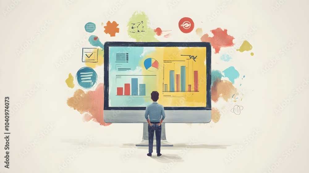 Poster businessman analyzing data on computer screen with charts and graphs