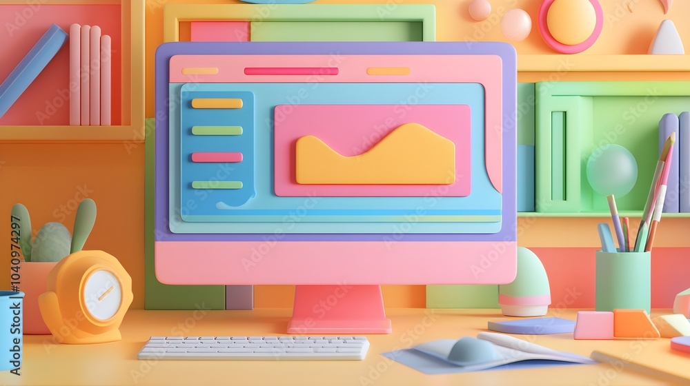 Poster Colorful Desktop Computer with Geometric Shapes and Objects