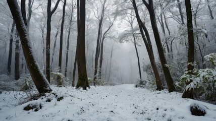 winter forest in the fog