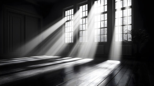 Minimal black and white 3D room background with natural shadows, sun reflections, house with spotlights, overlay effects for images and mockups, diagonal shadows and sun rays of light.