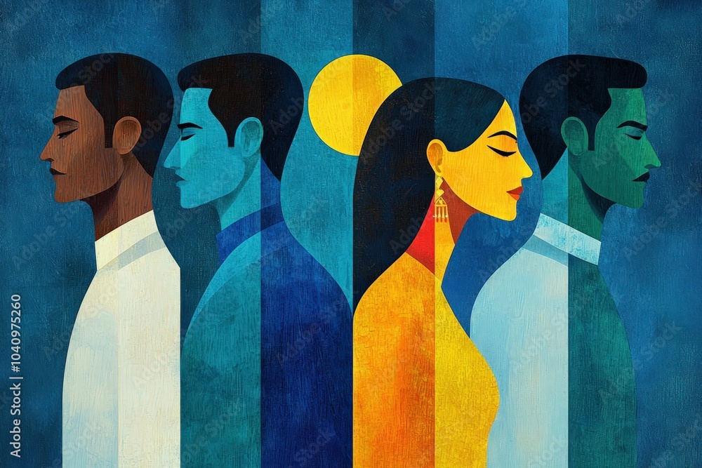 Poster exploring identity and connection through artistic representation of diverse figures in bold colors