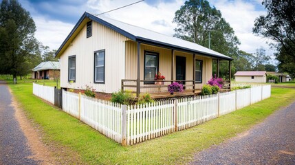 Charming House with Flowers and White Fence in Nature