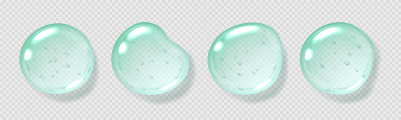 Mint serum drops, transparent gel droplets, realistic glossy liquid, moisturizing cosmetic product, hyaluronic acid or fresh gel toothpaste concept. Vector illustration.