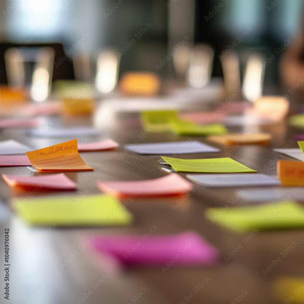 Poster creative workspace with colorful sticky notes for brainstorming and collaboration activities