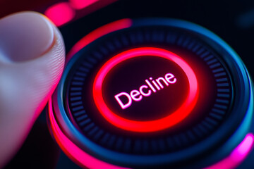 close up of finger poised to press Decline button on modern device, showcasing vibrant colors and sleek design. image conveys sense of decision making and technology