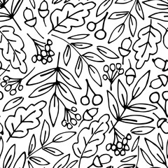 Fototapeta premium Simple hand drawn vector seamless pattern. Autumn foliage, acorns, oak leaves, rowan berries. For fabric, textile, packaging and stationery prints.