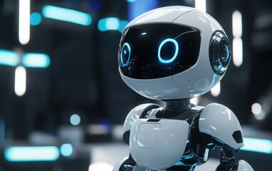 A detailed 3D render of a futuristic robot, emphasizing its design for AI interactions in business environments