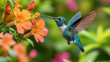 Fototapeta premium A hummingbird with iridescent blue-green feathers hovers in mid-air, its long beak extended towards a vibrant orange flower.