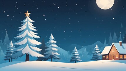 Fototapeta premium Winter Christmas Tree by a Cozy Home with Snow, Moon, and Space for Text
