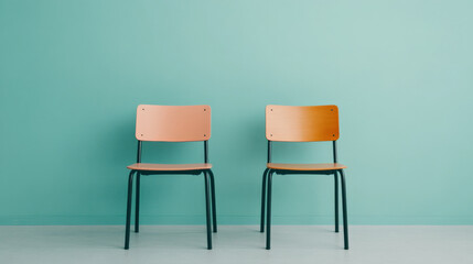 Minimalist design featuring two chairs against turquoise wall, creating calm and inviting atmosphere. simplicity of scene evokes sense of tranquility and focus
