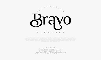 Bravo typography beauty fashion elegant minimalist serif italic fonts decorative wedding vintage retro logos. Minimal luxury font alphabet logo. Vector illustration