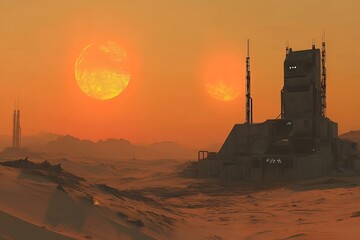 Post-apocalyptic desert scene with sand dunes. perishable technology and alien ruined sci-fi structures. The sky was faintly orange. with two suns It creates a dramatic and lonely atmosphere.