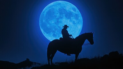 Cowboy on horseback, silhouetted against a bright blue full moon, capturing a classic Western feel.