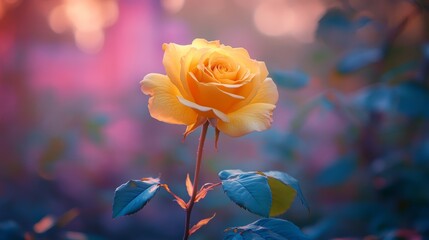 A vibrant yellow rose, close-up detail on the petals, with a faded pink castle in the background, creating a fairytale dreamscape