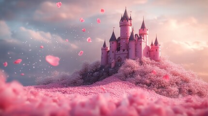 A whimsical pink castle on a hill, flower petals swirling in a magical wind, under a sky painted with soft pastels, symbolizing dreamlike wonder