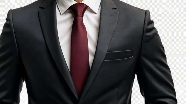 A close-up of a man's suit jacket and red tie