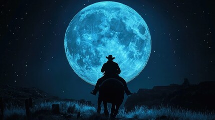 Obraz premium Cowboy riding through the night, silhouetted by a huge blue moon, creating a classic Western night scene.
