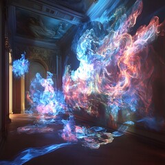 Fototapeta premium Dynamic Fusion of Classical and Modern Artworks in Futuristic Holographic Projection