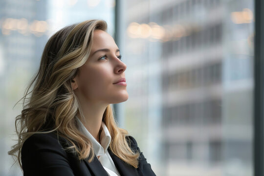 Caucasian female executive looking thoughtfully through window