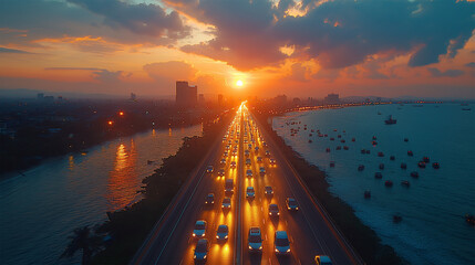 Sunset Traffic on Coastal Highway with Dramatic Sky
